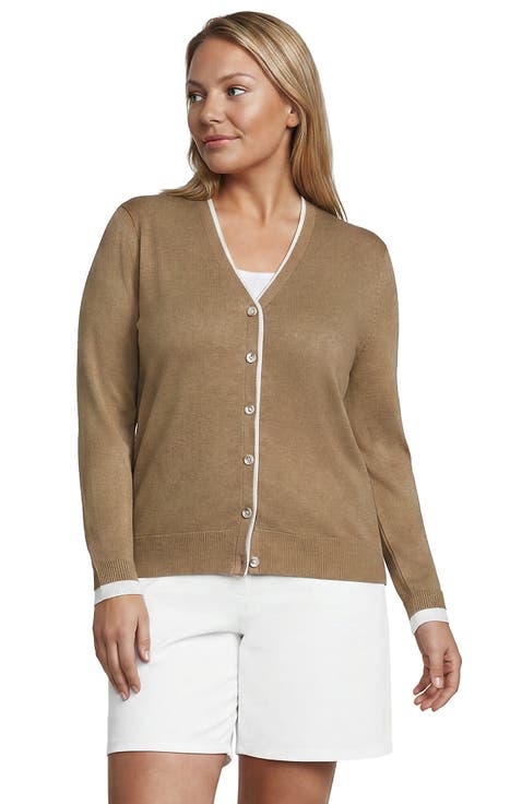 Plus Size Double Trim Cotton V-neck Cardigan Sweater