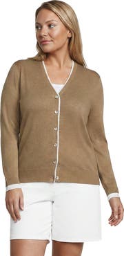 Lands' End Plus Size Double Trim Cotton V-neck Cardigan Sweater