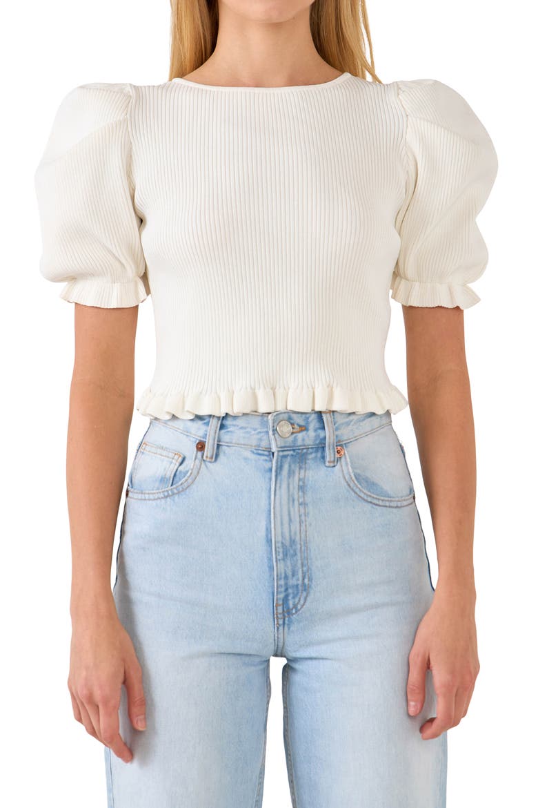 Puff Sleeve Open Back Knit Top, Main, color, WHITE