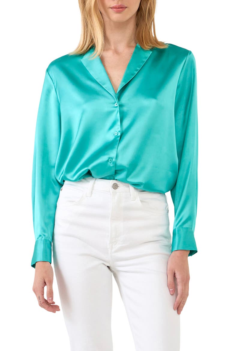 Satin Button-Up Blouse, Main, color, AQUA