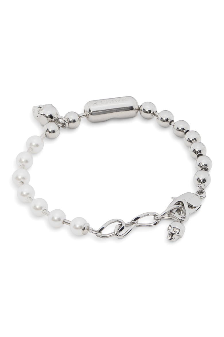 Men's Skull & Faux Pearl Bracelet, Alternate, color, PEARL