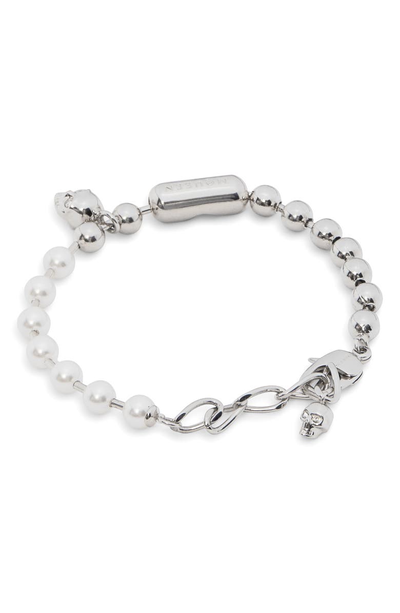 McQueen Men's Skull & Faux Pearl Bracelet, Alternate, color, Pearl