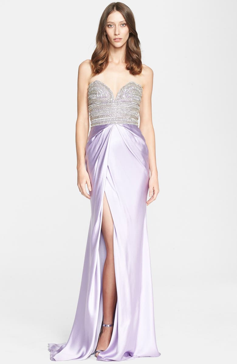Naeem Khan Embellished Bustier Draped Satin Gown, Main, color,
