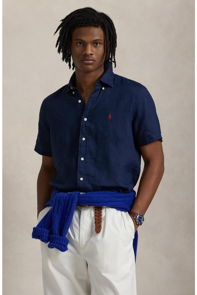 Piece Dye Linen Short Sleeve Button-Down Shirt, Alternate, color, NEWPORT NAVY
