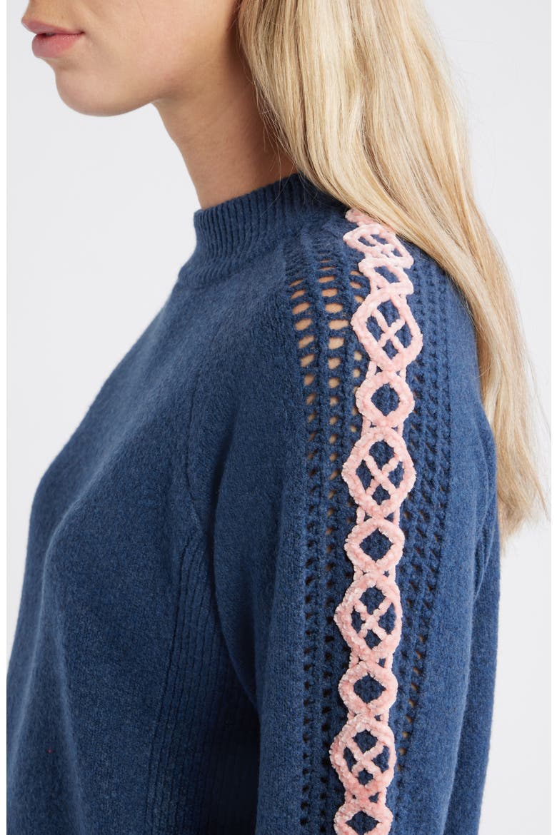 Embroidered Sleeve Mock Neck Sweater, Alternate, color, CADET BLUE
