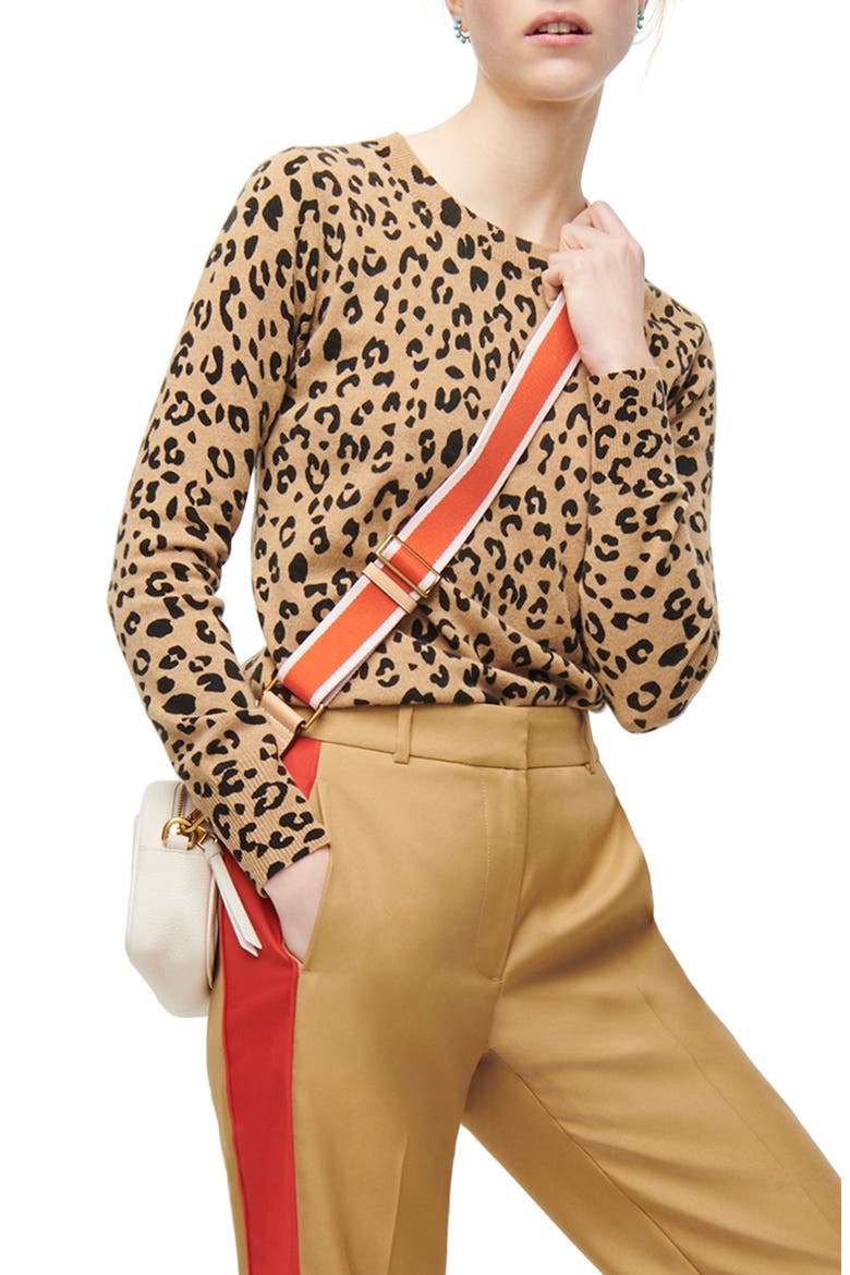 Leopard Cashmere Crewneck Sweater, Main, color, HEATHER CAMEL MOD LEOPARD