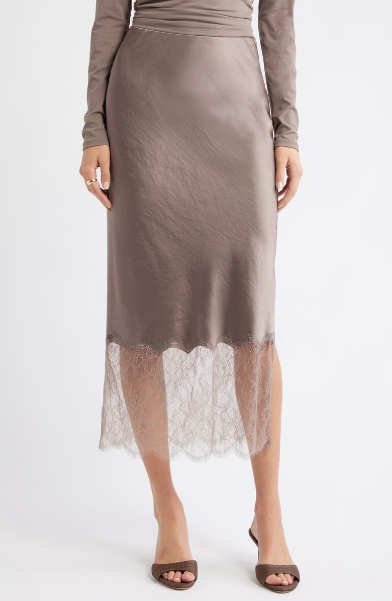 Lace Trim Satin Midi Skirt