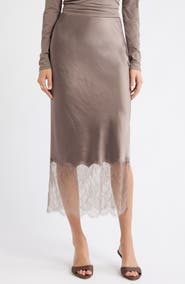 Open Edit Lace Trim Satin Midi Skirt