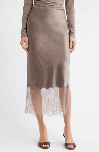 Open Edit Lace Trim Satin Midi Skirt