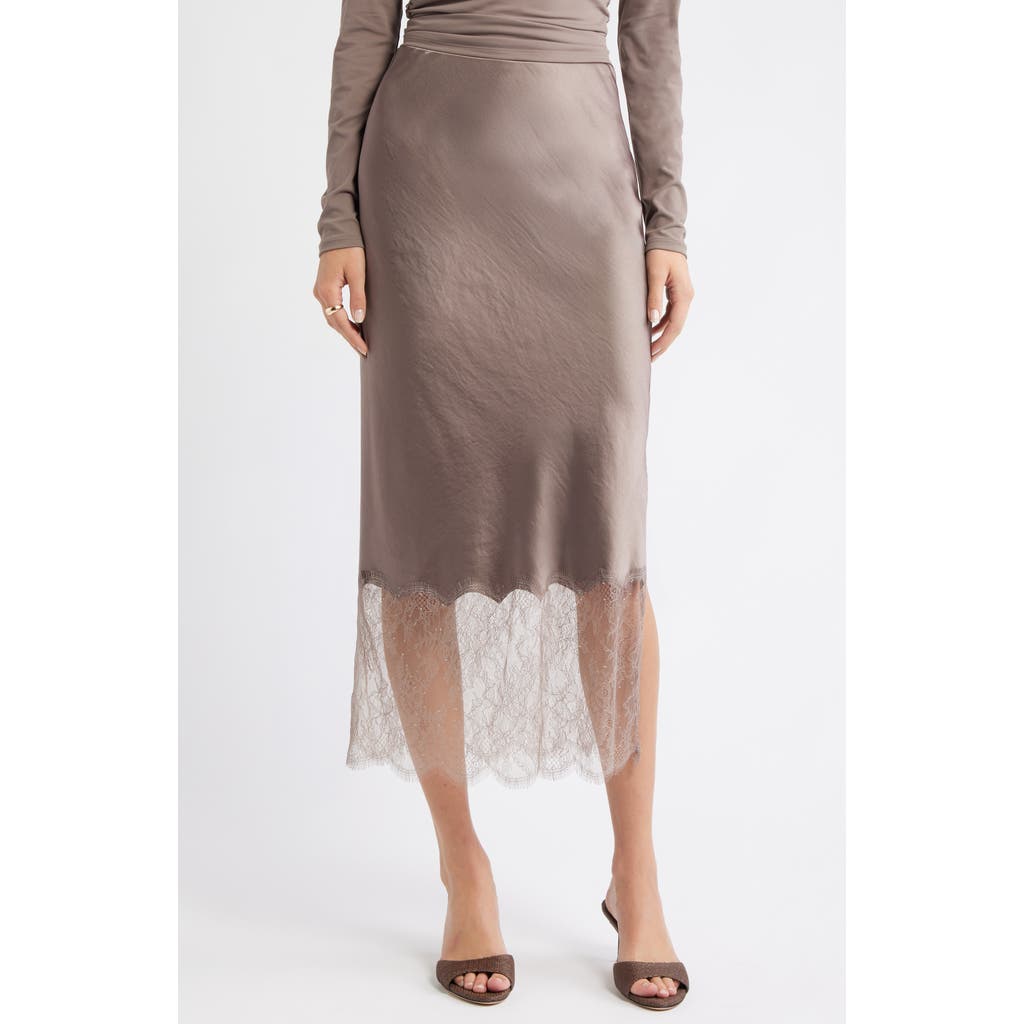 Open Edit Lace Trim Satin Midi Skirt In Brown