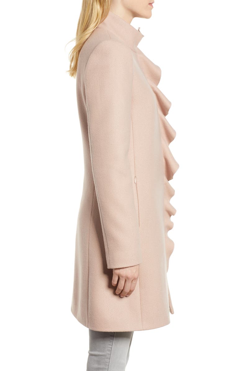 Kensie Ruffle Twill Coat, Alternate, color, 