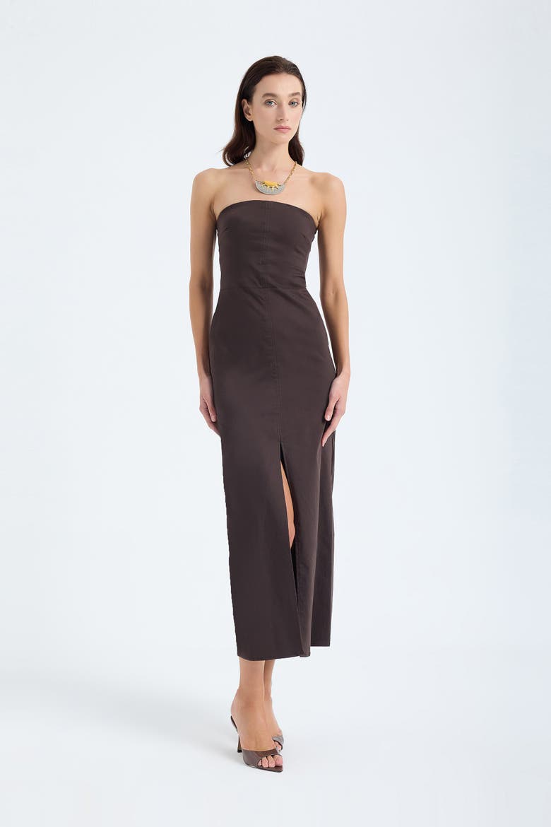 Akasha Strapless Cotton Blend Midi Dress with Front Slit, Main, color, Brown