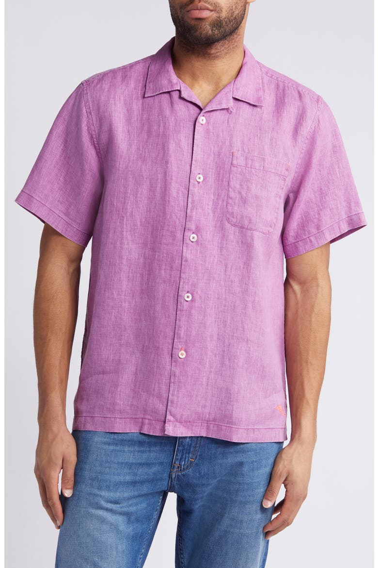 Sea Glass Short Sleeve Linen Button-Up Camp Shirt, Main, color, ISLAND BOUQUET