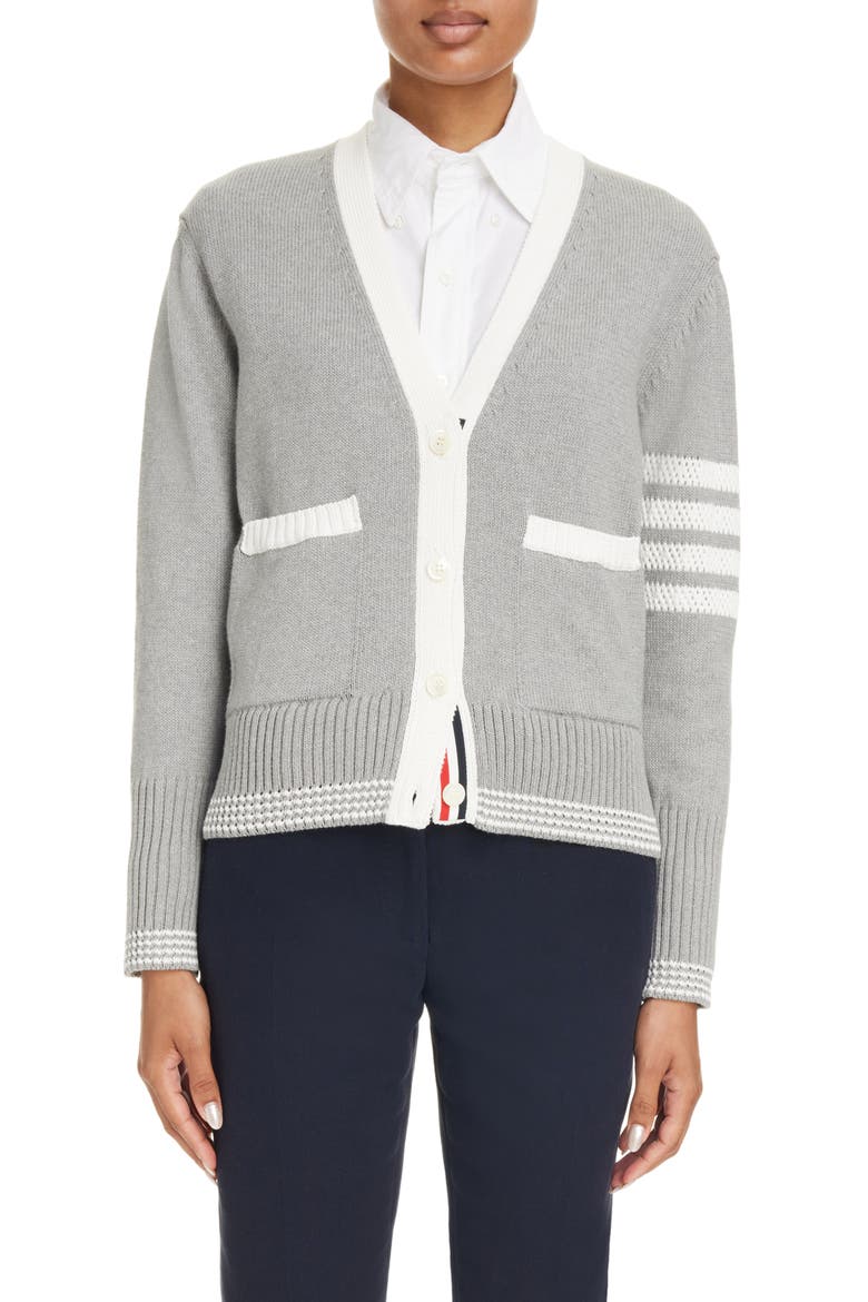 4-Bar Cotton V-Neck Cardigan, Main, color, LIGHT GREY