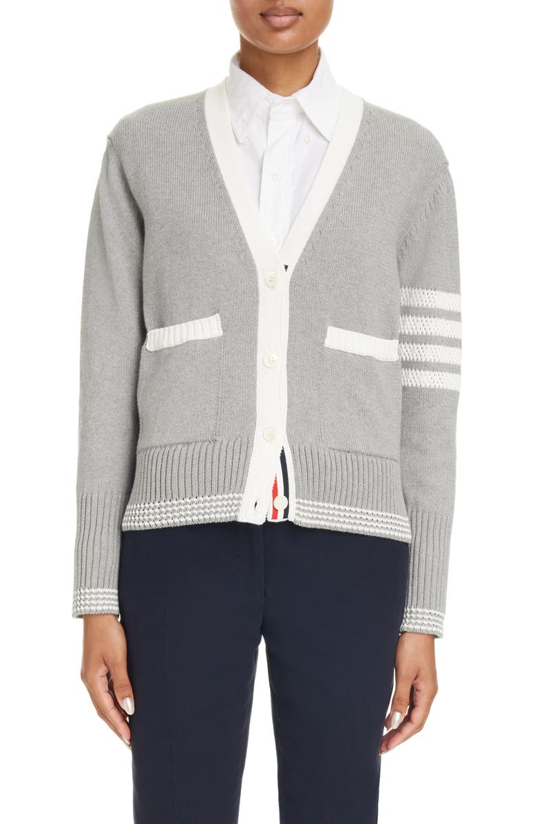 Thom Browne 4-Bar Cotton V-Neck Cardigan, Main, color, 