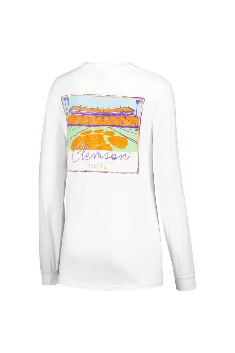 Women's White Clemson Tigers Hand-Drawn Stadium Comfort Colors Oversized Long Sleeve T-Shirt, Alternate, color, White