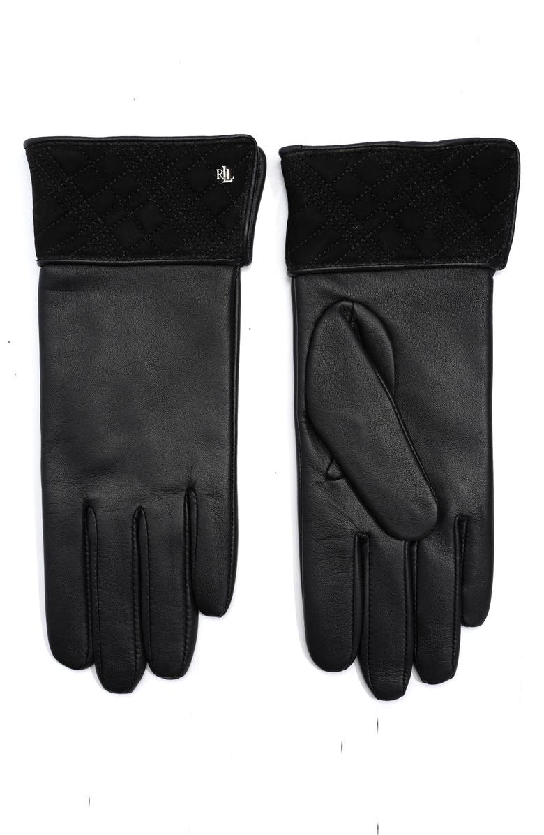 Lauren Ralph Lauren Quilted Cuff Leather Gloves, Main, color, Black