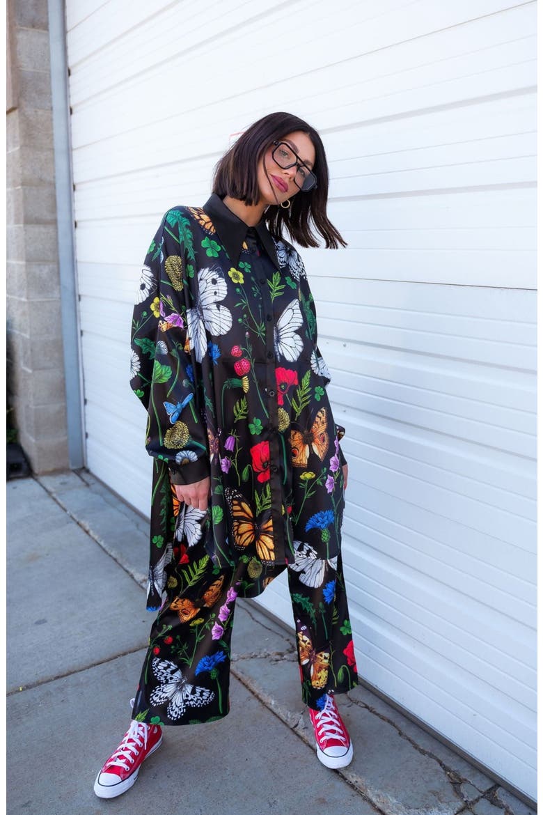 Posh Floral Oversize Satin Button-Up Shirt & Pants Set, Alternate, color, FOLKLORE