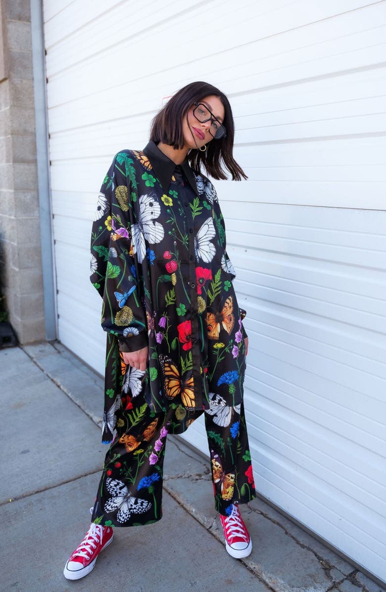 Dressed in Lala Posh Floral Oversize Satin Button-Up Shirt & Pants Set, Alternate, color, Folklore