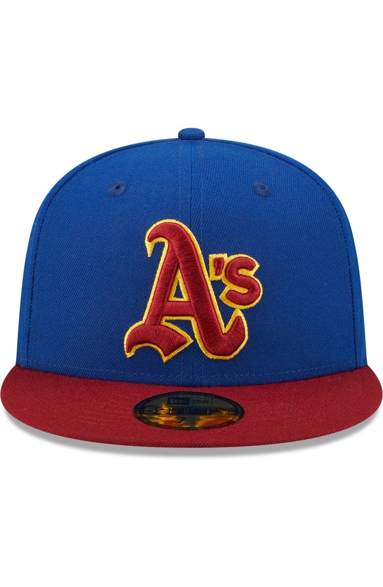 New Era Men's New Era Royal/Red Oakland Athletics Throwback Logo Primary Jewel Gold Undervisor 59FIFTY Fitted Hat, Alternate, color, 
