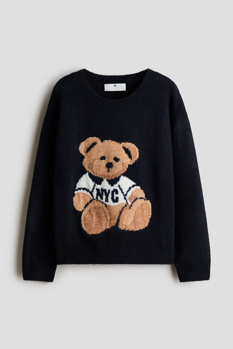 Loose-Fit Motif-Detail Sweater, Alternate, color, Navy blue/teddy bear