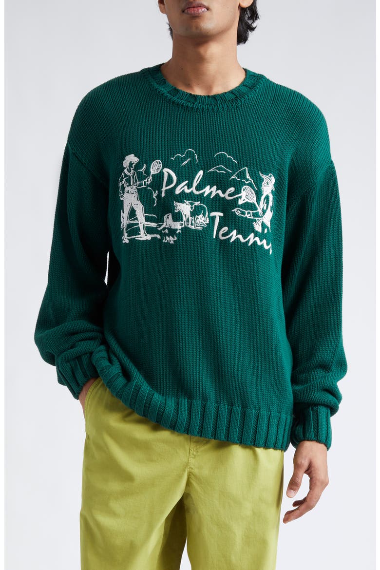 Dustup Embroidered Cotton Crewneck Sweater, Main, color, DARK GREEN