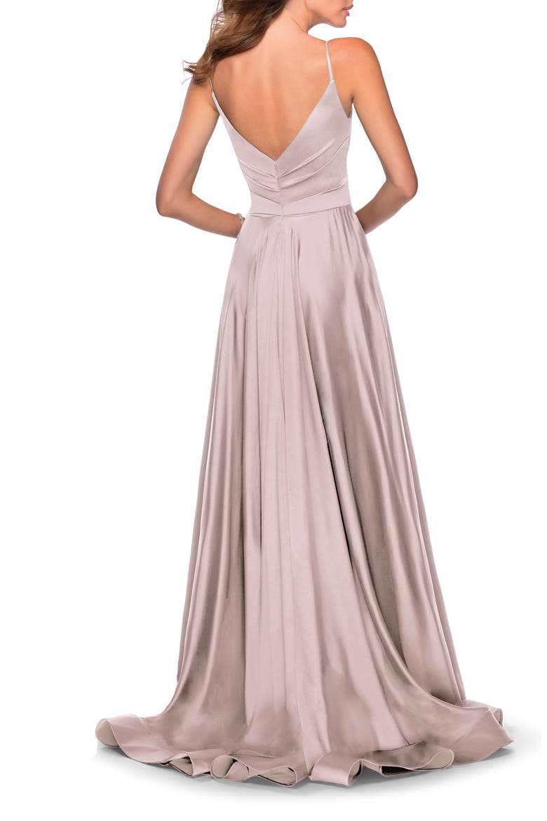 Long Satin Dress with Side Slit and V Shaped Back, Alternate, color, MAUVE