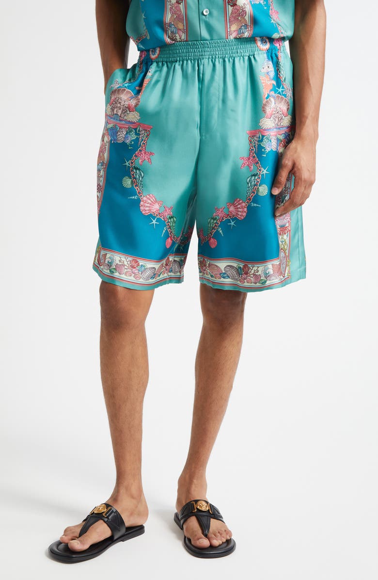 Versace Coral Theatre Silk Shorts, Main, color, Sea Green Dark Sea Green