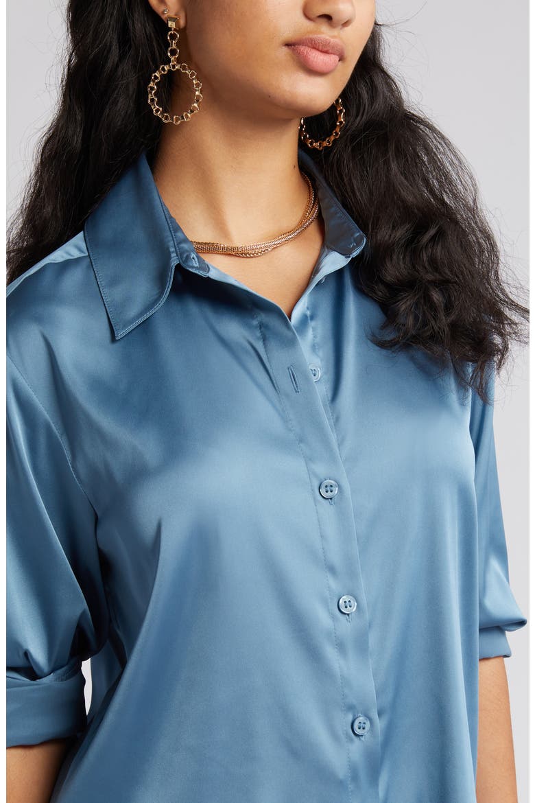 Satin Button-Up Shirt, Alternate, color, BLUE STONE