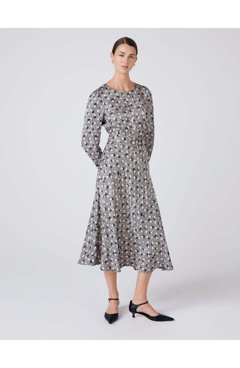 Ghost London Sophia Floral Satin Midi Belted Dress, Main, color, Black Daisy