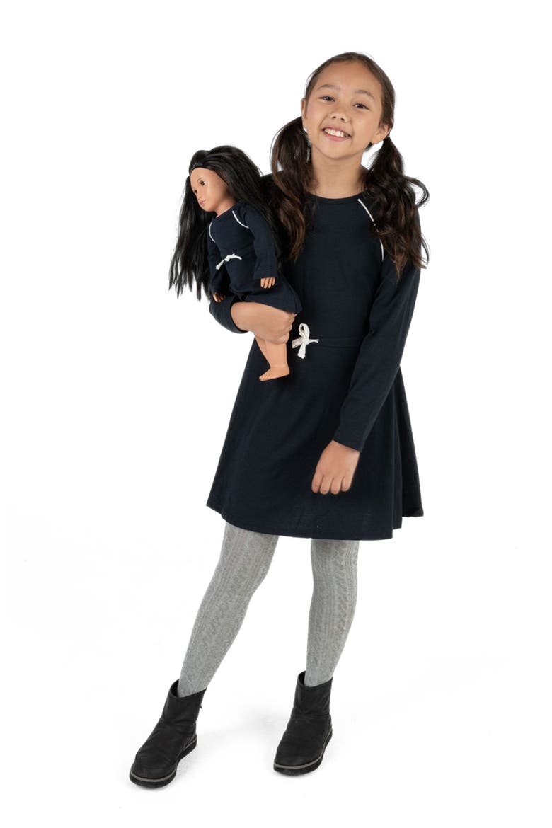 Girls Bow Tie Dress with Matching Doll Dress, Alternate, color, NAVY