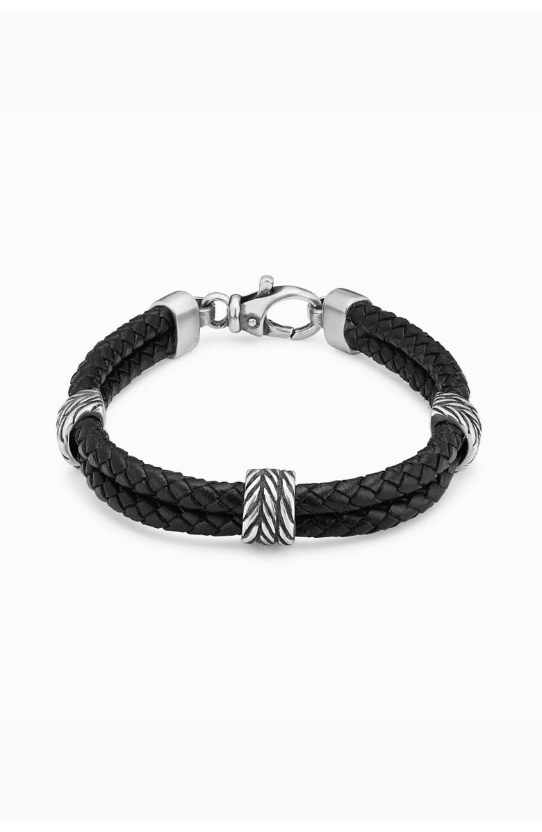 Oradina Mens Voyager Station Leather Bracelet in Sterling Silver, Main, color, Silver