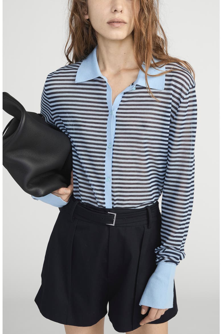 The Collared Stripe Cottpn Blend Cardigan, Alternate, color, POWDER BLUE MULTI