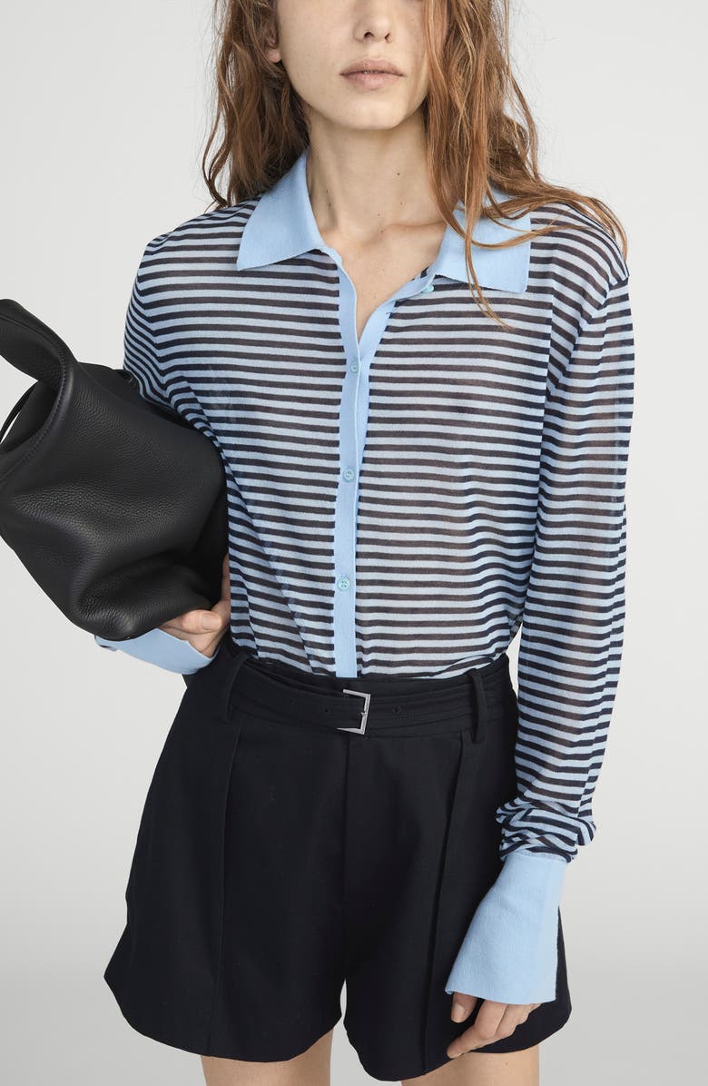 FRAME The Collared Stripe Cottpn Blend Cardigan, Alternate, color, Powder Blue Multi