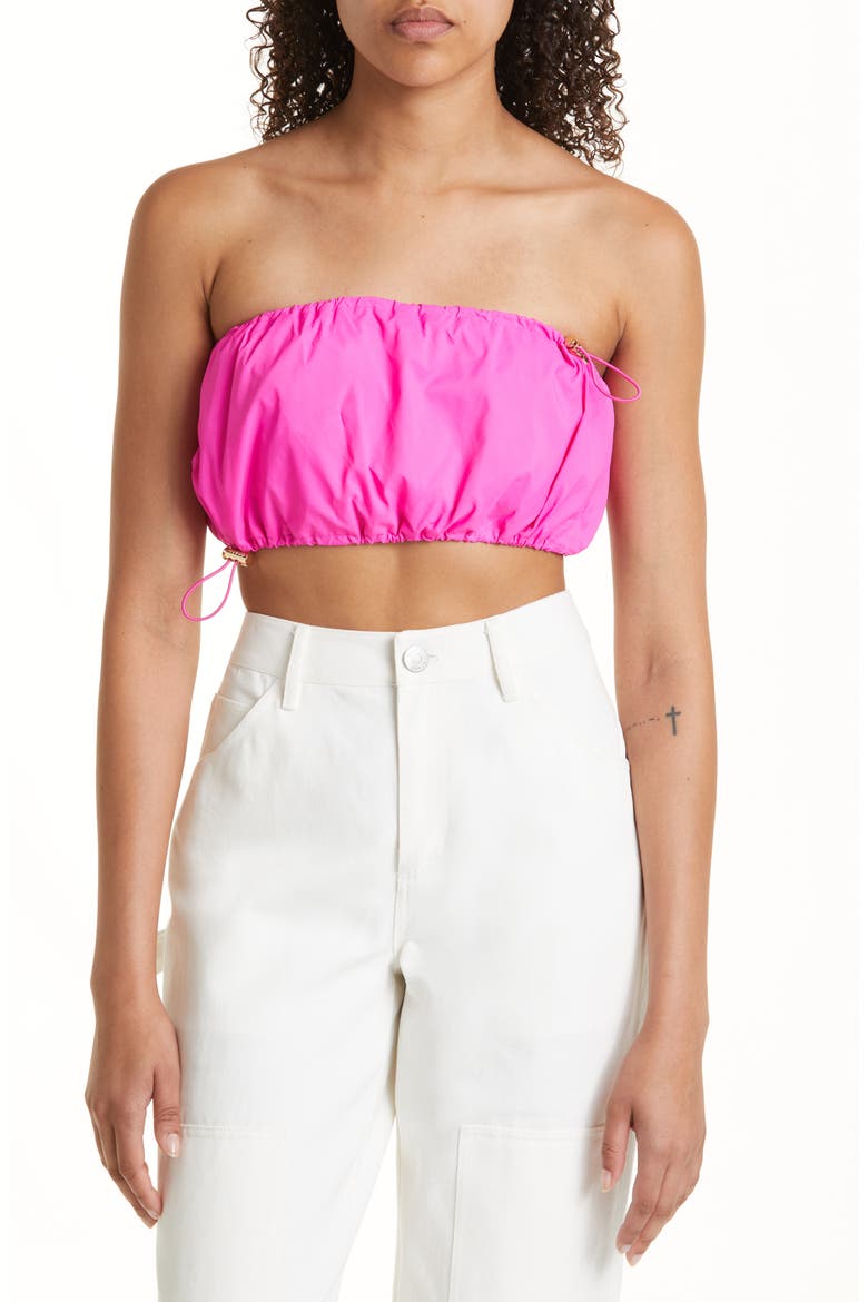 Gigi Crop Strapless Drawstring Detail Recycled Nylon Top, Main, color, BOUGAINVILLEA