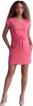 24seven Comfort Apparel Maternity Essential Ribbed Knit V-Neck Drawstring Waist Pocket Knee-Length Dress