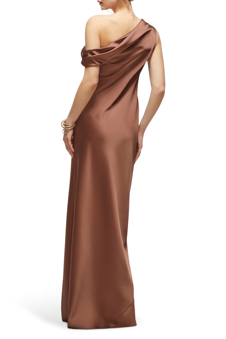 Draped One-Shoulder Satin Charmeuse Gown, Alternate, color, COGNAC