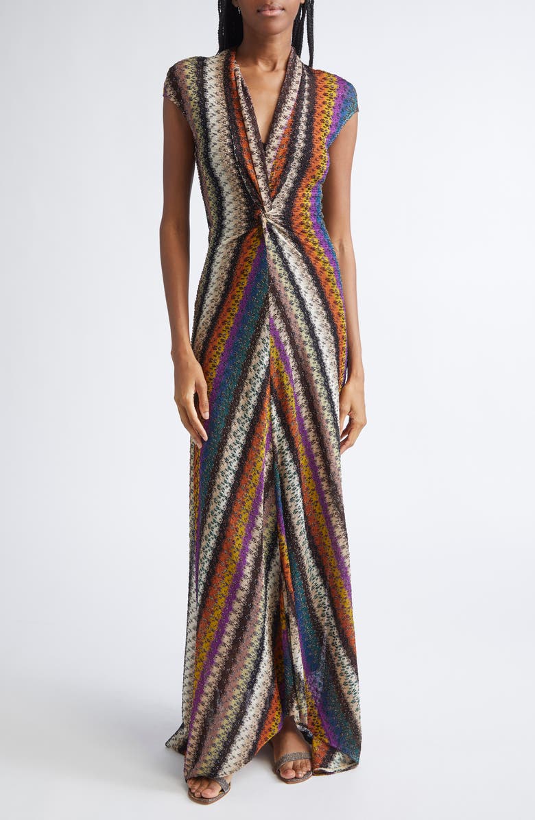 Missoni Stripe Twist Front Raschel Mesh Maxi Dress, Alternate, color, Yellow And Purple Tones