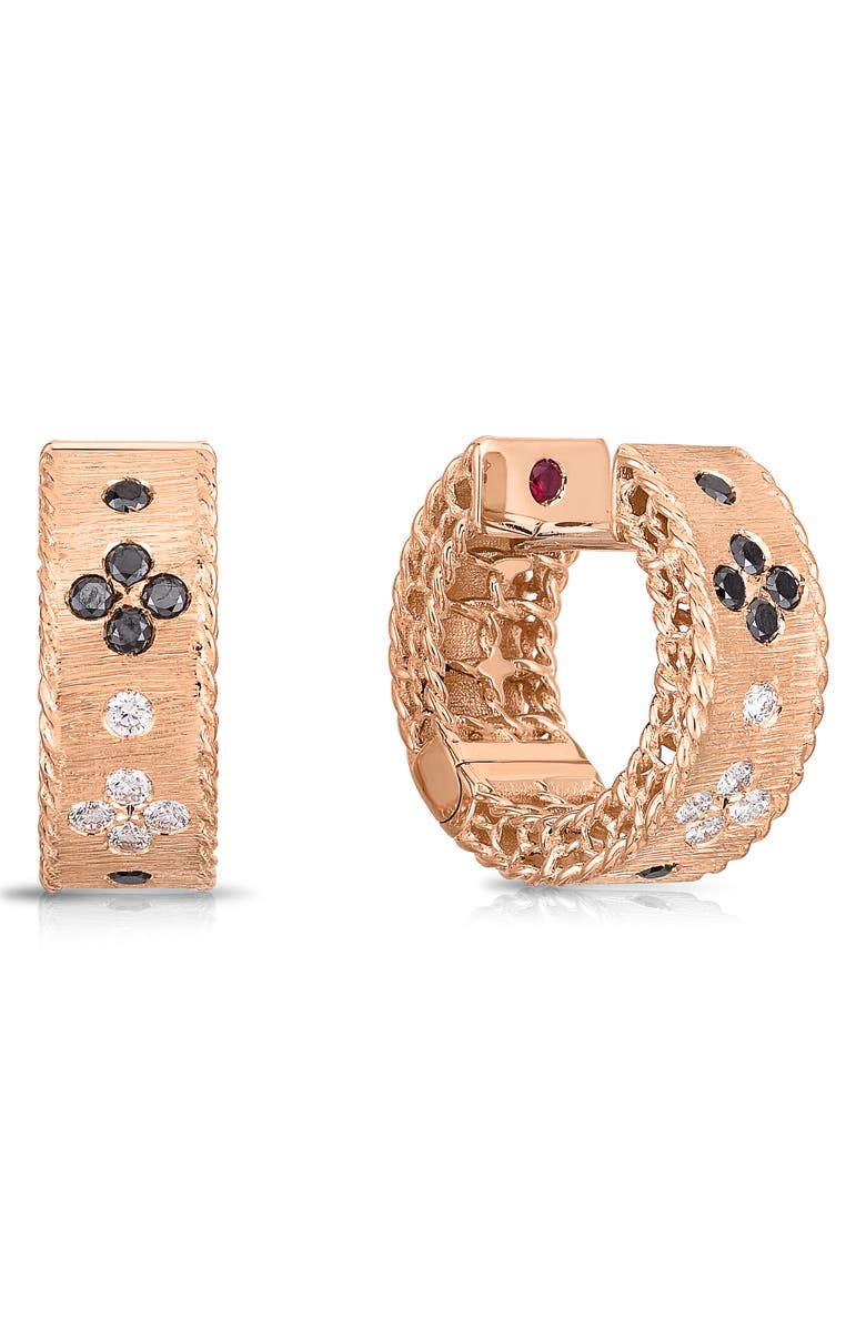 Roberto Coin 18K Rose Gold Black & White Diamond Venetian Princess Huggie Hoop Earrings, Main, color, 