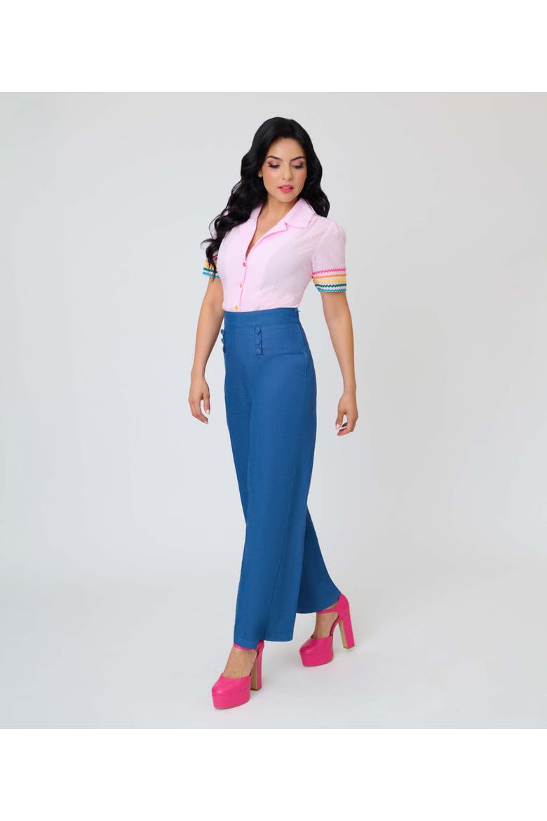 1940s Short Sleeve Collared Button Down Woven Blouse, Alternate, color, Pink w/ Rainbow Print