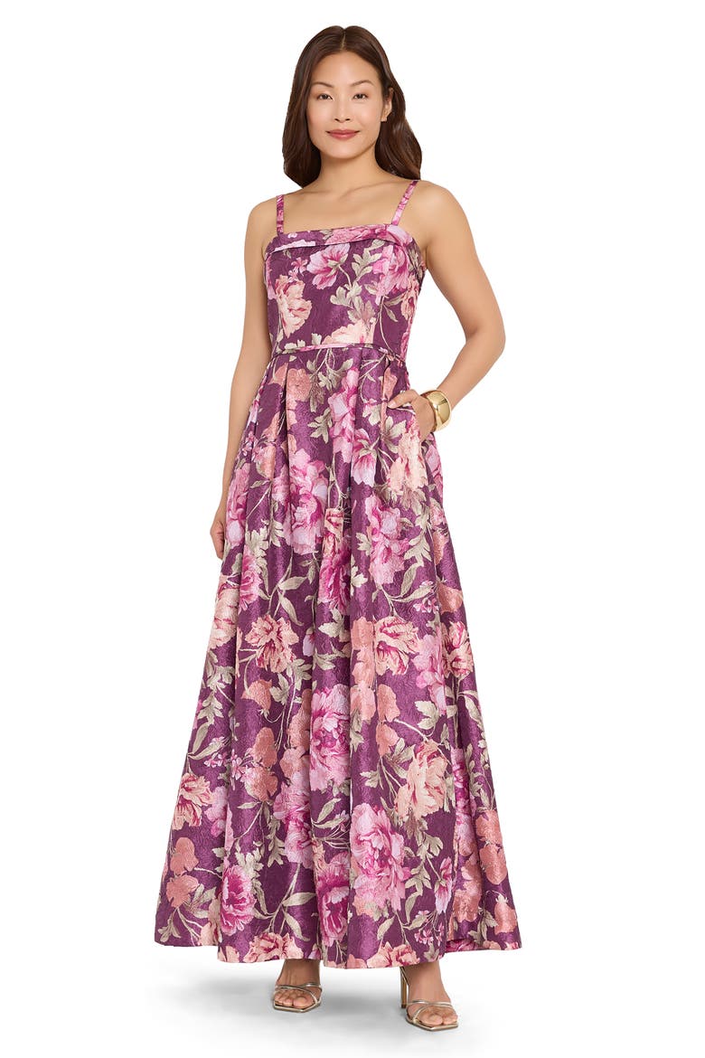 Floral Jacquard Sleeveless Satin Gown, Alternate, color, PLUM MULTI