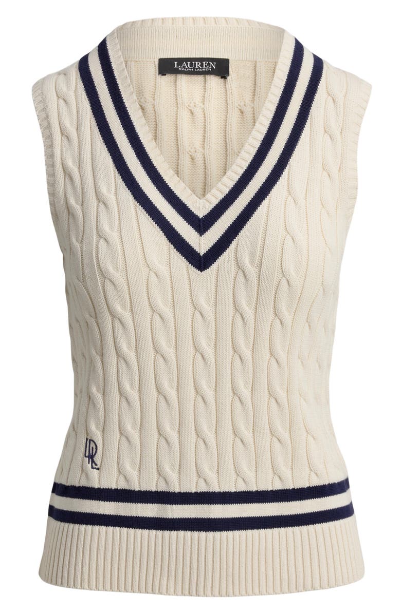 Lauren Ralph Lauren Nalrun Cable Stitch Cotton Cricket Sweater Vest, Alternate, color, Cream/ Refined Blue