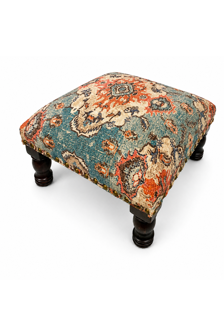 Printed Upholstered Foot Stool with Acacia Wood Frame, Main, color, Brown