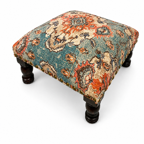 Printed Upholstered Foot Stool with Acacia Wood Frame