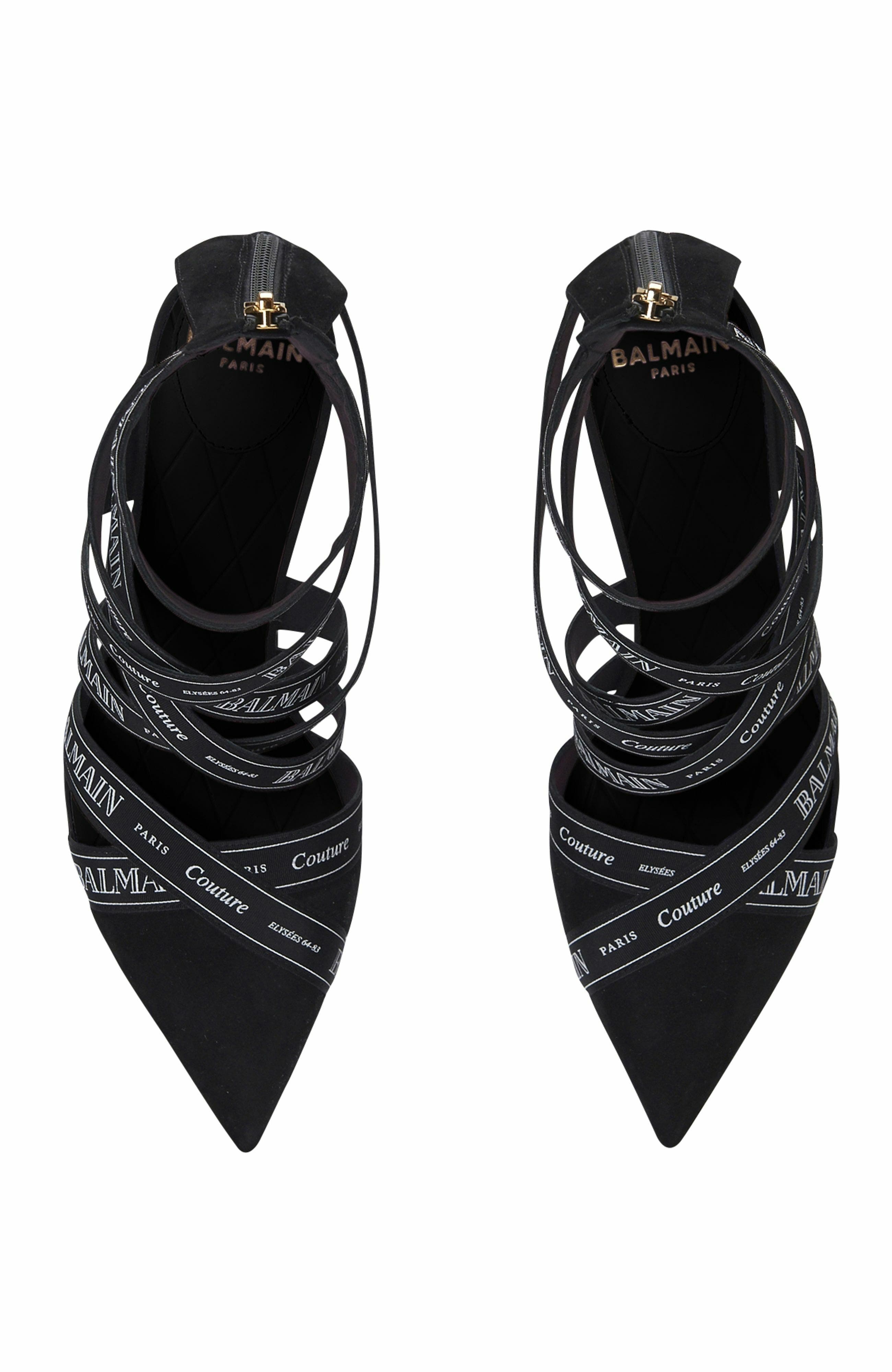 Couture Suede Heels With Balmain Ribbon Motif, Alternate, color, Black