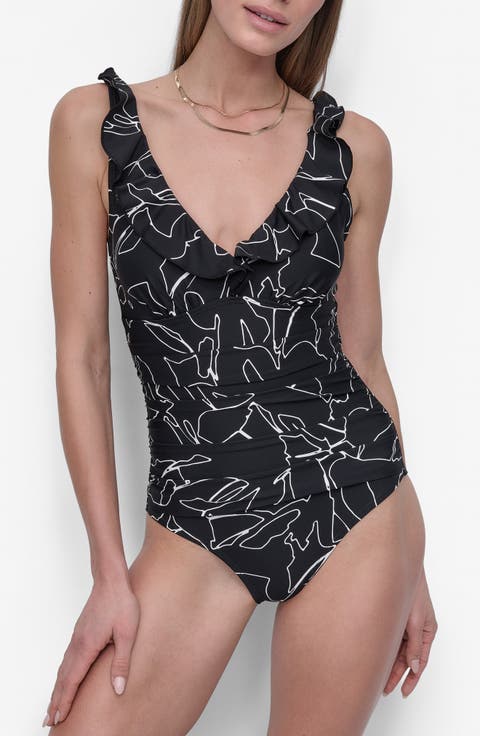 Ruffle Plunge Neck One-Piece Swimsuit