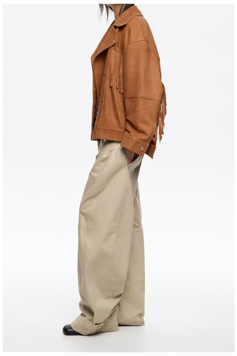 Leather Double-Breasted Fringed Leather Jacket, Alternate, color, TOBACCO