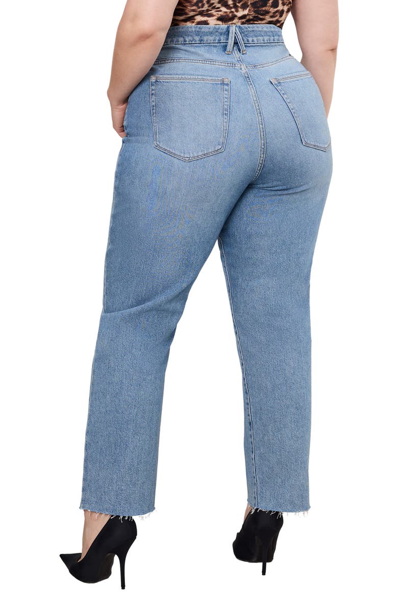 Good American Good Boy Raw Hem High Waist Ankle Straight Leg Jeans, Alternate, color, Indigo766