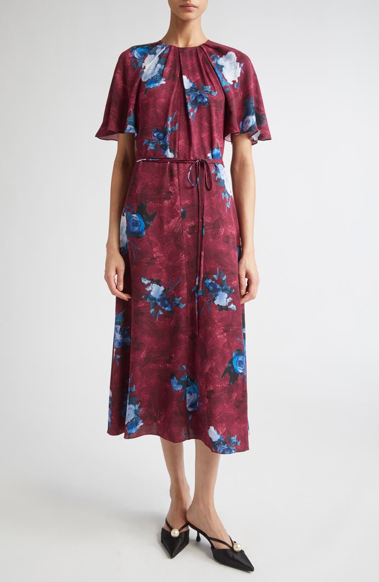 Erdem Abstract Rose Print Short Sleeve Satin Midi Dress, Main, color, 