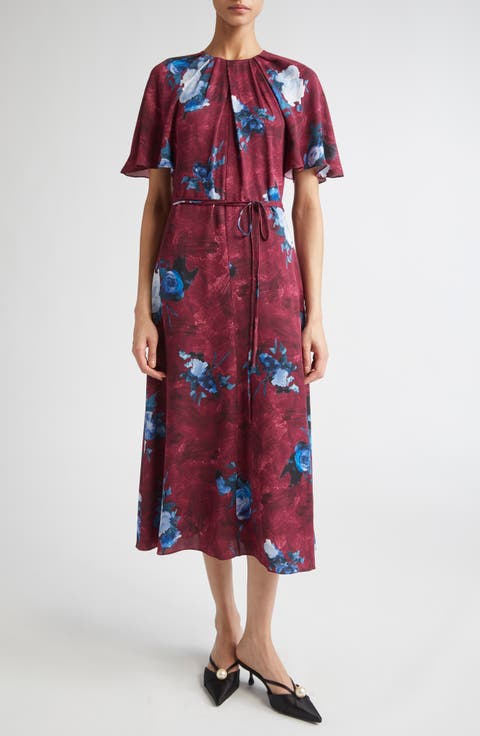 Abstract Rose Print Short Sleeve Satin Midi Dress